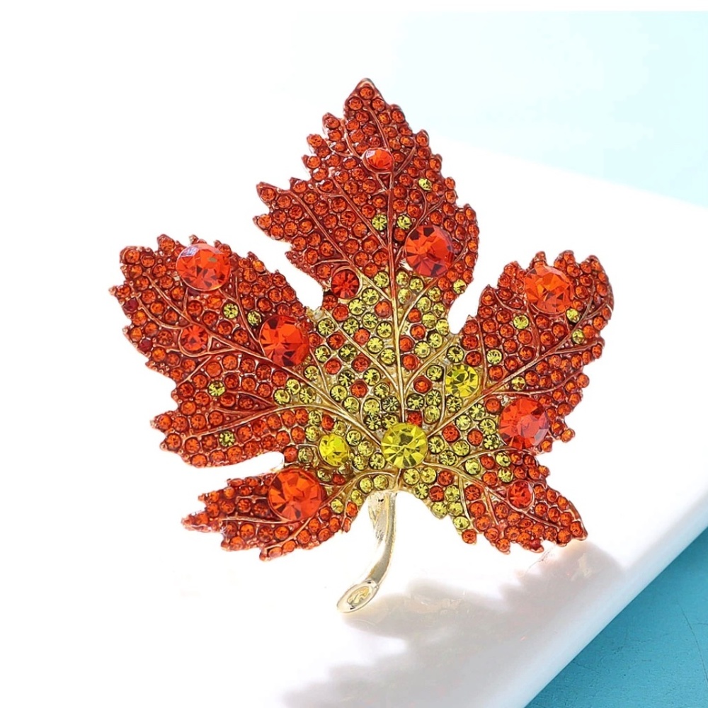 Beautiful Orange and Yellow Diamonte Canadian Maple Leaf Golden Enamel